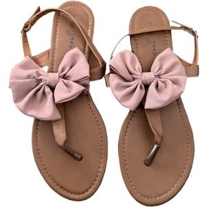 Pink bow gladiator sandals brown twee feminine size 9 summer adjustable